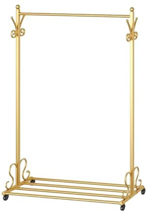 Kleiderständer, Kleiderstange, Mit Rollen, Bis 90 Kg Belastbar, Garderobenständer Mit Ablage, Industrie-Design, for Schlafzimmer, Waschküche(Gold,60 * 150cm)