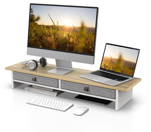 Fenge Dual Monitorständer Riser 2 Etagen Computer Monitor Ständer mit Schublade für PC Laptop Drucker TV, 90x23,5x14,2cm Tragfähigkeit 25KG (Eiche)