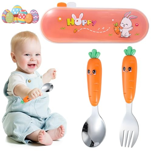 Juego de cuchara y tenedor para bebé de 2 piezas, juego de cubiertos de acero inoxidable para bebé, cuchara y tenedor de zanahoria, cubiertos de Pascua con caja para guardarlos