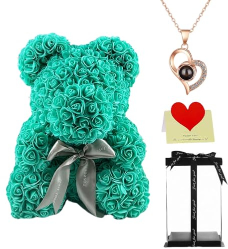 Grande orsetto di rose con cuore e scatola regalo, 40 cm, teddy floreale artificiale, regalo romantico per lei (Tiffany)