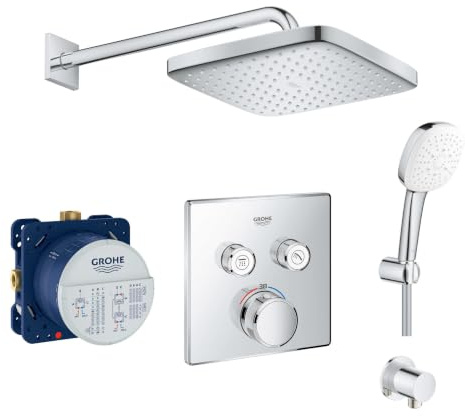 Grohe Duschsystem mit Unterputz Duscharmatur von Grohe Regendusche mit Armatur, Duschkopf eckig, Wandarm Dusch-SET GK05 poliert