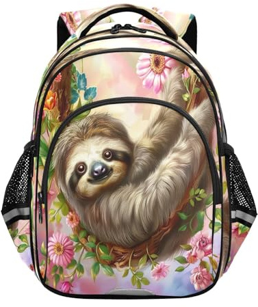 RPLIFE - School Backpack for 3-8 Year Old Boys Girls Elementary Backpack 15 Inch, cute sloth floral funny, M
