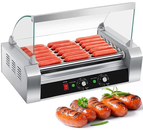 Machine à hot-dogs professionnelle, grill à saucisses en acier inoxydable 1050 W avec 7 rouleaux chauffants, appareil de cuisson à hot-dogs de comptoir avec couvercle, réglage de la température de 0