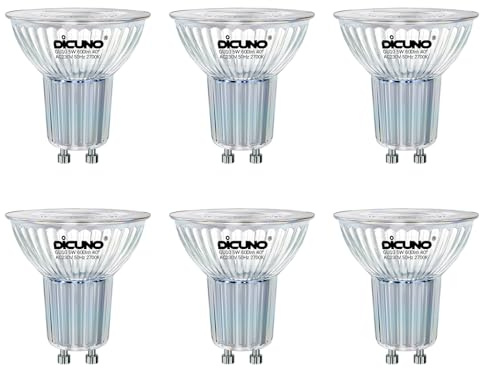 DiCUNO Lampadine LED GU10 5W, Equivalenti a 50W Alogene, Bianco caldo 2700K, 600 Lumen, GU10 LED 230V, faretto MR16 senza sfarfallio, Fascio 40°, Lampada Riflettore Non dimmerabile, Vetro, 6 Pezzi