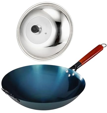 KESOTO Wok Chino Clásico con Tapa Y Mango de Madera para Cocina en Casa, Diámetro de la Maceta 30cm