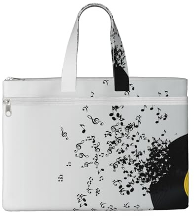 Hnnkloy Disco in vinile strappato e note musicali che volano nell'aria,Borsa portadocumenti in tela con cerniera, borsa a mano, valigetta per scuola e ufficio