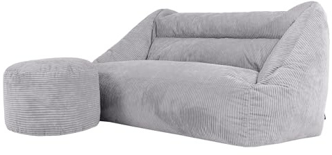 Icon Cecilia Cord Sitzsack Sofa und Hocker mit Füllung, Grau | In Deutschland Hergestellt, Boneless Sofa, Weicher Cordstoff, Riesensitzsack für Wohnzimmer und Schlafzimmer