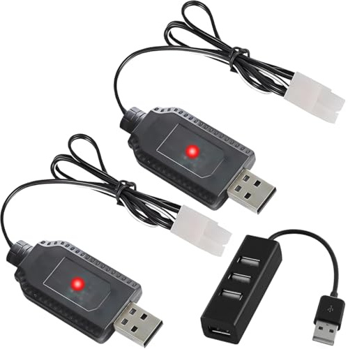 ZHUROUPU 2Pcs 7.2V RC USB Battery Charger with Tamiya KET-2Pin Plug Connector for Nicd/Nimh Batteries, 250mA RC Car Drone Portable Charger Cable with LED Indicator, 4 Port USB 3.0 Hub Splitter