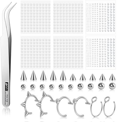 Yolev 26 piercings falsos para cejas, labio, nariz, 3 mm, 4 mm, 5 mm, 6 mm, bolas de acero con pinzas adhesivas, anillos de nariz sin perforación, aro fácil de poner y quitar