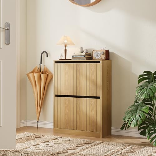 Algherohein Shoe Storage Cabinet with Vertical Groove Doors 2 Flip Drawers, Narrow Shoe Cabinet Storage for Entryway, Freestanding Shoe Organizer Cabinet, Slim Shoe Rack Cabinet (Natural Oak Grain)
