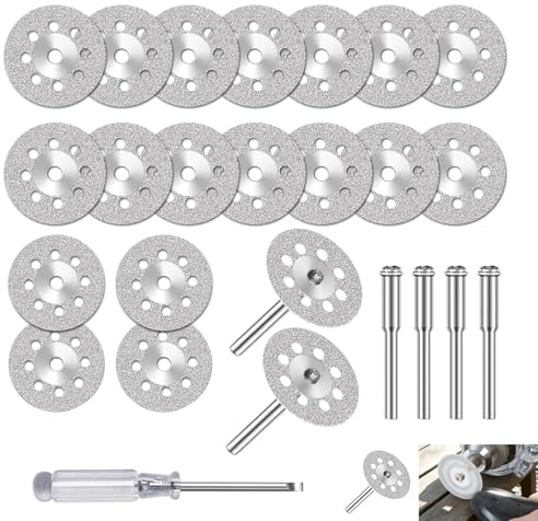25 PCS Diamond Cutting Wheel, Diamond Disc Set for Rotary Tools with 3mm Mandrel, 22mm Cut Off Discs Compatible With Dremel Glass Stone Tile Ceramic Jade Marble Brick Coated Discs with Screwdriver