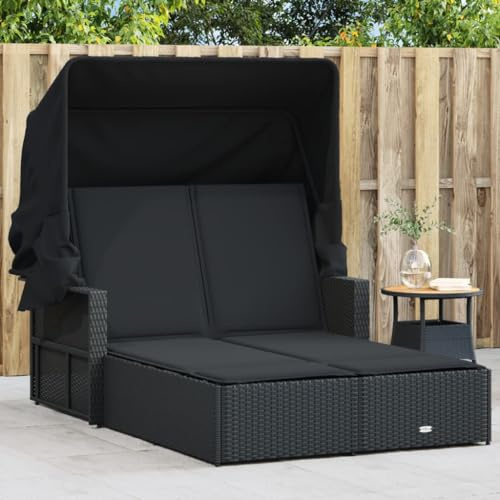 Frdhee Schwungliege Strandliege Sonnenliegen,Doppel Sonnenliege mit Dach und Auflagen Schwarz Poly Rattan,Geeignet Für Garten,Sonnenbaden,Büro,Einfach Zu Montieren