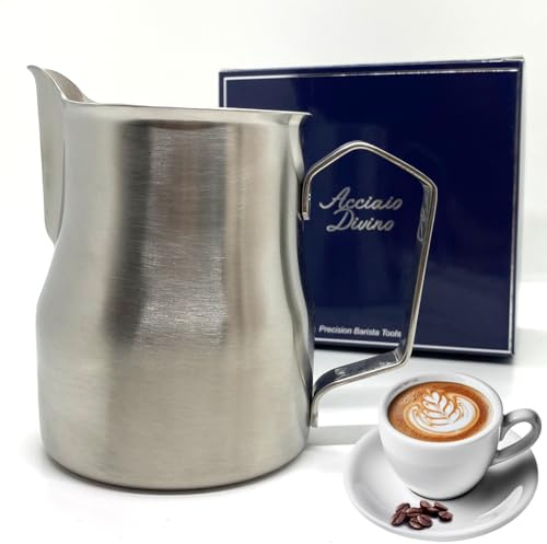 Acciaio Divino Milk Frothing Pitcher 450ml – Stainless Steel Latte Art Jug with Precision Spout, Barista Coffee Milk Jug (Brushed Steel 450ml)