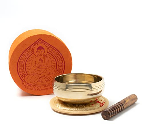 Gegossene Klangschale ca. 170 g, in Box mit Buddha-Aufdruck | Handarbeit aus Nepal, für Meditation & Achtsamkeit, inkl. Zubehör