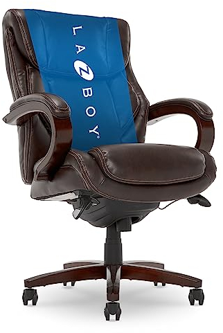La-Z-Boy® Bellamy Executive Office Chair with Memory Foam Cushions, Real Wood Arms and Swivel Base, Waterfall Seat Edge, Faux Bonded Leather, Brown