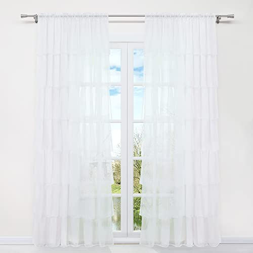 HongYa 1 Stück Voile Gardine Schal mit Rüschen Halbtransparenter Vorhang Tunnelzug Einfarbiger Fensterschal H/B 245/140 cm Weiß