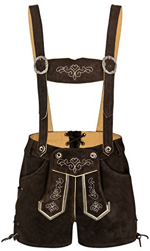 TR Martha Damen 100% Wildleder - Trachtenlederhose Kurz Hotpants - Trachtenlederhose Damen kurz - Oktoberfest Lederhose (42, Dunkelbraun)