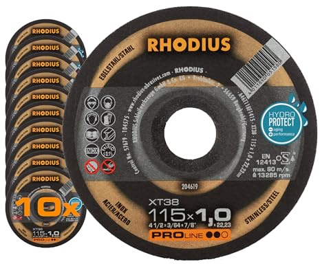 RHODIUS XT38 Trennscheibe, 115 x 1,0 x 22,23 mm, 10 Stück | Für Edelstahl & Stahl, Made in Germany, schnelle und präzise Schnitte, lange Standzeit, für Winkelschleifer, in Metall-Dose