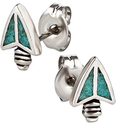 Ohrstecker Ohrringe Pfeilspitze 2 Silber 925 Sterling Türkis Inlay als Ohrschmuck mit kleiner Schmuckbox - 7K - Indianer Schmuck Geschenke für Damen, Mädchen, Jungen, Kinder und Herren