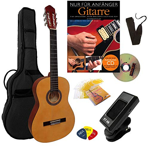 4/4 KONZERTGITARRE STARTER SET - KOMPLETTSET - STIMMGERÄT - LERNBUCH SCHULE - GITARRE NATUR - TASCHE - BAND - SAITEN - 3xPIK