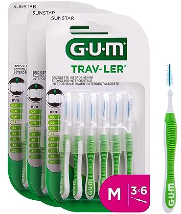 GUM TRAV-LER Scovolini interdentali | manico flessibile | pulizia profonda tra i denti e rimozione della placca | 1.1 mm, ISO 3 | Taglia M | Confezione 3x6