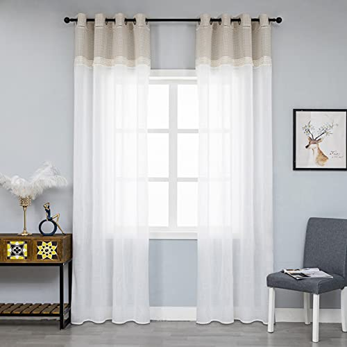 Coppia Tende Bianche Semi Trasparenti Orlo Superiore Beige Merlettato a Quadretti Tenda Misto Lino Stile Shabby Chic per Camera Balcone Finestra e Interni 2 Pannelli con Occhielli (Beige, 140x280cm)