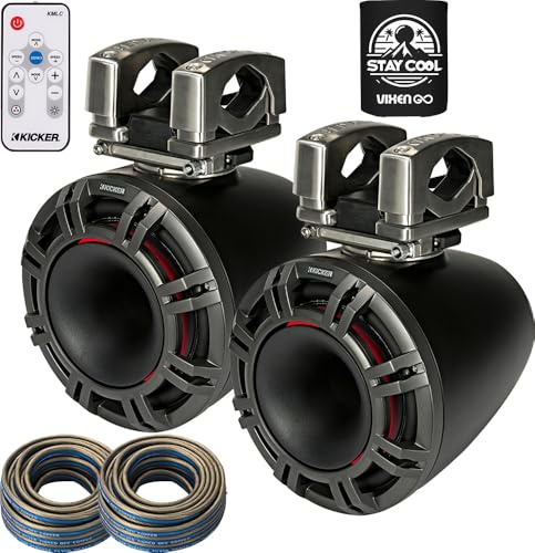 KICKER Wake Tower Speakers Bundle of 4 Items - 11 Horn-Loaded Marine Speakers Charcoal (Pair) with LED Lights Remote Controller and Speaker Wire (40FT). Water Resistant, Weather Proof System for Boat