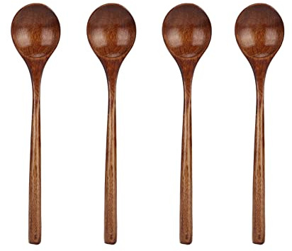 Lot de 4 Cuillères en Noyer, Cuillères de Cuisine Antiadhésives, Longue Poignée, Finition Lisse, Vaisselle Maison