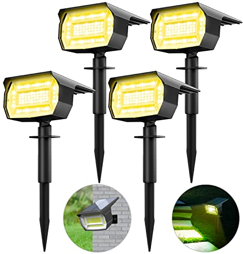 4 Pezzi Faretti Energia Solare da Esterno, 72 LED Faretti Solari a LED da Esterno 3 Livelli di Luminosità, IP65 Impermeabile Lampioncini Solari da Giardino per Cortile, Vialetto, Alberi, Bianco Caldo