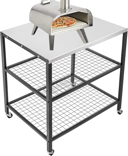 WEASHUME Carrello da forno per pizza in acciaio inox con ruote, tavolo mobile a tre ripiani per la preparazione degli alimenti e il lavoro, carrello resistente per barbecue, carrello da esterno 80 x