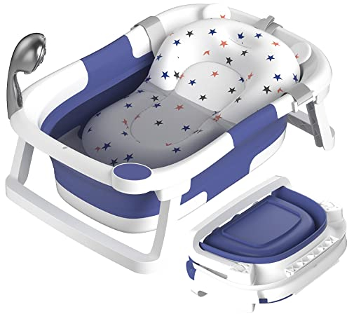 Rabb 1st Baby Badewanne Faltbare, Baby Bathtub Babywanne Faltbar Babybadewanne Tragbare Wanne für Neugeborene Kleinkinder mit Rutschfester Matte und Abflussloch (Kein Thermometer) (Blau)