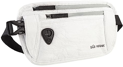 SAO ROQUE ® Bauchtasche Damen Herren (S) Gürteltasche Reise Zubehör mit RFID Blocker, Hüfttasche vegan, Geldgürtel in edler Leder-Optik, flach (Weiß)
