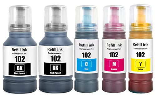 SHUOLEI 102 Tinte Kompatibel mit epson 102 E102 mit Ecotank Tintenpatronen Nachfülltinte Multipack E2700 ET-2750 ET-2850 ET-4850 ET-3850 ET-2856 ET-4856 ET-4850 ET-2756 ET-4750 ET-2851 ET-15000(5Pack)