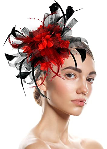 Fascinator Damen, Fascinator Damen Hut Blume Mesh Feder Kopfbedeckung Tea Party Bankett Hüte Cocktail Party Kopfschmuck Frauen Elegant Kirche Hochzeit Haarschmuck Flower Federn Stirnband