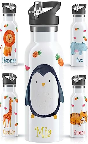OWLBOOK® Kinder Edelstahl Trinkflasche mit Strohhalm 500 ml | Spülmaschinenfest & BPA Frei | Personalisierte Geschenke für Kinder zur Einschulung Geburtstag Schulanfang Weihnachten | Pinguin