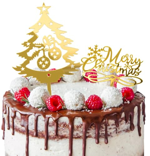 BETESSIN 2pcs Weihnachten Cake Topper Acryl Merry Christmas Kuchen Cupcake Topper Weihnachtsbaum Kuchendeko Gold Party Tortendeko für Cupcake Torten Muffins Weihnachtsfeier