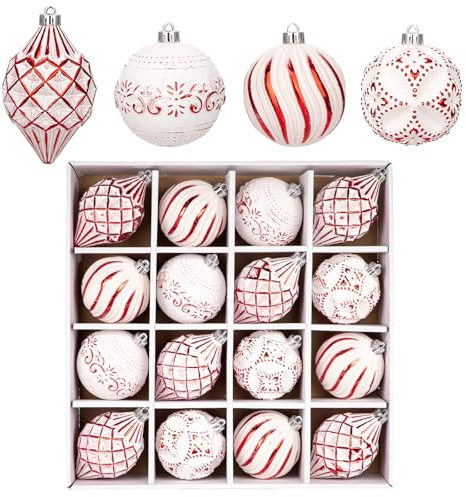 Oairse 16 Pcs Christmas Tree Baubles Set Shatterproof Xmas Ball Ornaments in Assorted Sizes Christmas Decorations for Tree Rustic Thanksgiving Holiday Wedding Party Home Decor, Red and White