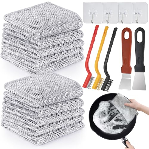 VEPEPE 12 Piezas Paños de Alambre Multiusos con 2 Espátula, 3 Cepillos y 4 Ganchos, Reutilizable Paños de Alambre, Trapos Multiusos para Lavar Platos en Húmedo y en Seco, Estropajos Cocina