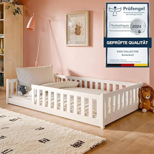 Kids Collective Montessori Letto a terra per bambini 120 x 200 cm con protezione anticaduta e rete a doghe Bianco Altre misure 80 x 160 cm 90 x 200 cm 140 x 200 cm