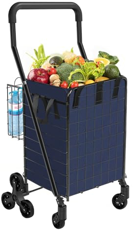 Kiffler Grocery Shopping Cart with Waterproof Liner Stair Climber Utility Cart Easily Collapsible Cart with Tri-Wheels, Extended Foam Cover, Trolley for Stair, Laundry, Travel (Blue-)