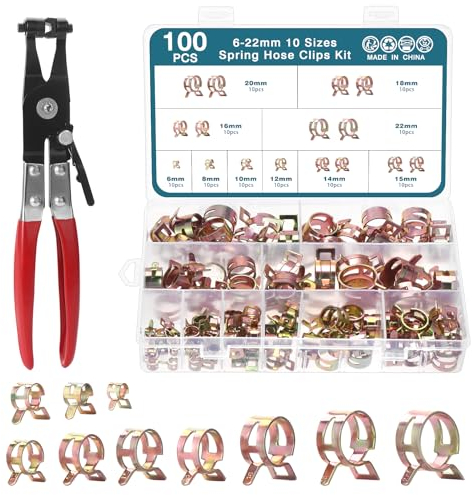 HSEAMALL 100 clip per tubi flessibili di 10 dimensioni, pinze a molla, clip per tubo del carburante da 6 mm a 22 mm, kit assortito di morsetti per tubo dell'aria
