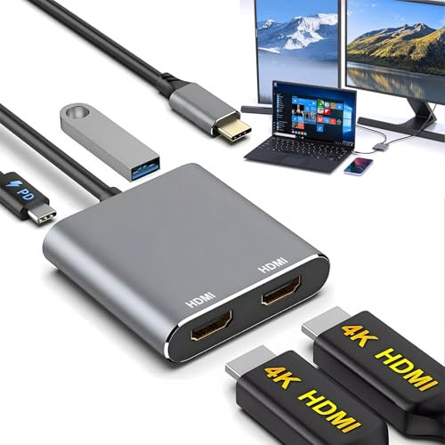 Azuxreza Adattatore USB C a Dual HDMI, 4K@60Hz, convertitore 4 in 1 con ricarica PD, 100 W, USB 3.0, splitter schermo esteso, compatibile con Thunderbolt 3/4