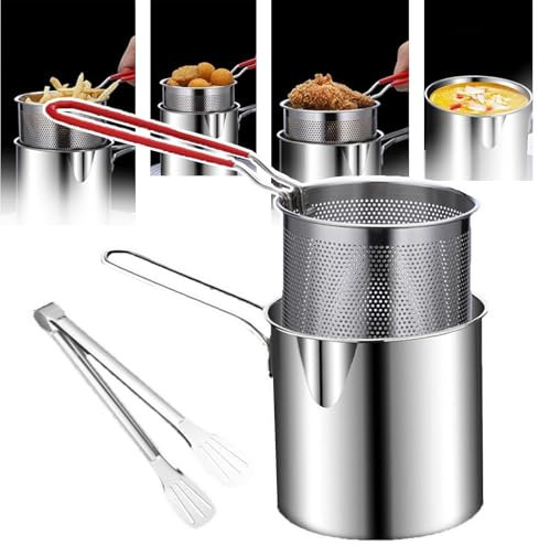 QIeAny Multifunktionaler Frittiertopf, Kleine Fritteuse, Nietengriff + Umleitungsdüsendesign + Faltbarer Filter, Frittierte Hähnchenflügel/Pommes Frites/warme Beilagen,A
