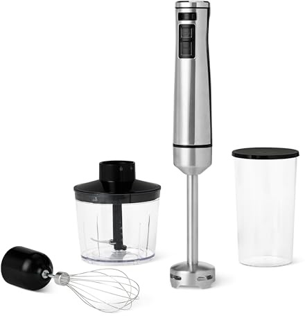 Amazon Basics Licuadora de Mano de Inmersión de 1000W de Varias Velocidades, con Accesorios, con Cable, Plateada
