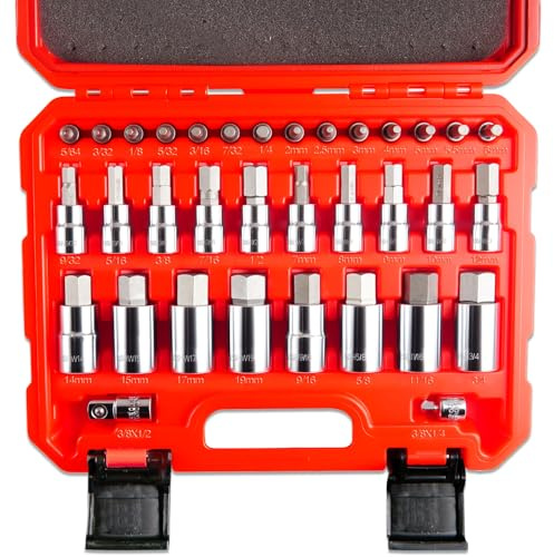 pgroup Hex Bit Socket Set, 34 Piece SAE and Metric Allen Key Socket Set, 1/4, 3/8, & 1/2 Drives 2mm-19mm，5/64” -3/4”, S2 & Cr-V Steel, Enhanced Storage Case includes Socket Adapter