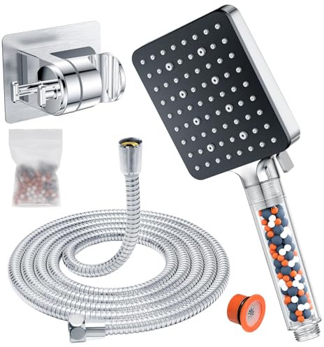 YEAUPE PRO - Alcachofa de ducha con filtro y 6 tipos de chorro, ahorro de agua (9 l/min de alta presión), incluye manguera de 1,6 m y soporte de pared, cabezal de ducha con función antical para agua