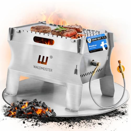 WALDMEISTER BruzzLee mobiler Gasgrill klein | kompakter Camping Gasgrill mit 2 Brennern | Kompaktgrill steckbar | Tischgrill für Camping, Balkon, Outdoor