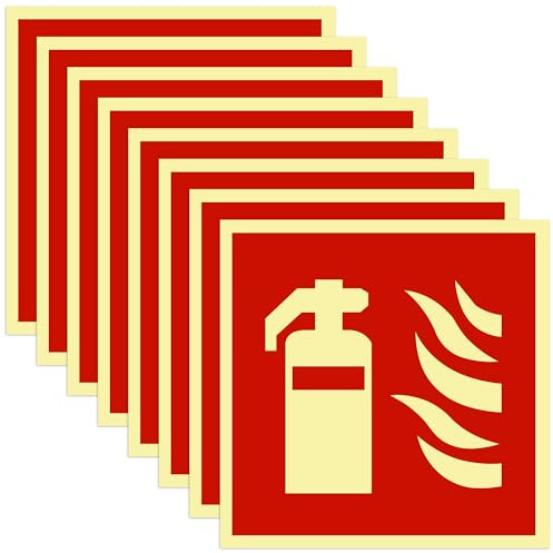 JIZZU 8 Stück Feuerlöscher Schild,15x15 cm PVC Nachleuchtend Selbstklebende | Schilder Feuerlöscher Selbstklebend Brandschutzzeichen nach ISO für Haus Büro Baustelle und Auto