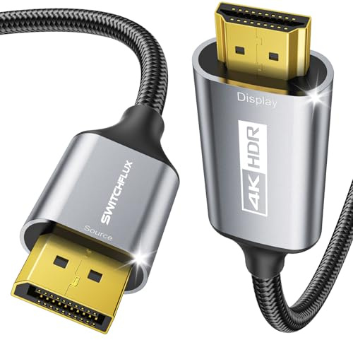 SWITCHFLUX Câble DisplayPort vers HDMI de 0,9 m | 4K @ 60 Hz, 2K @ 120 Hz DP unidirectionnel mâle vers mâle HDMI, compatible avec HP, Dell, AMD, NVIDIA, ordinateurs portables, ordinateurs de bureau et