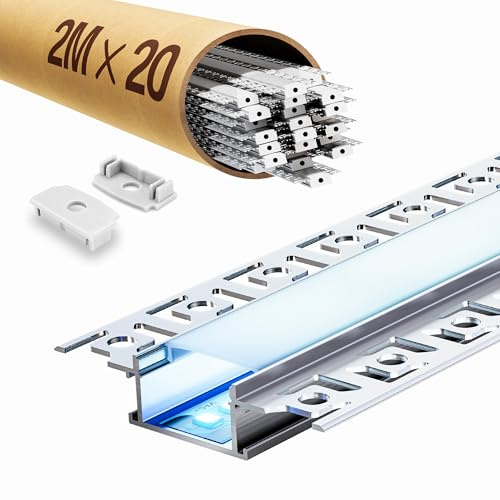 ClarivantiLED LED Trockenbau Profil 2 m – mit makellosem Diffusor, ideal als LED Kanal für Streifen bis zu 20 mm Länge (SP44, 20 Stück (insgesamt 40 m))